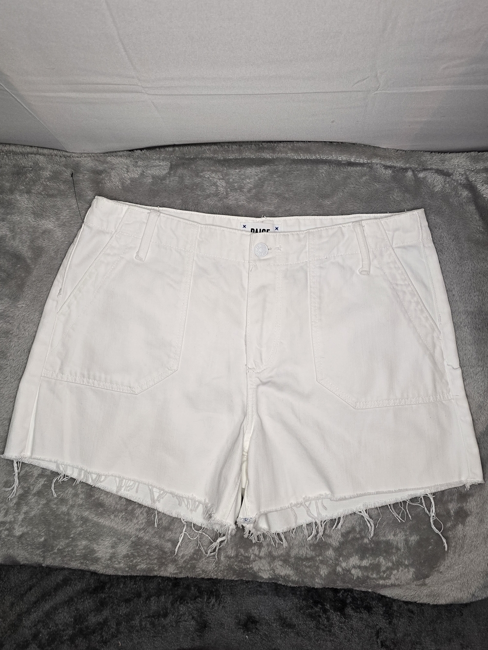PAIGE White Raw Hem Utility Denim Shorts